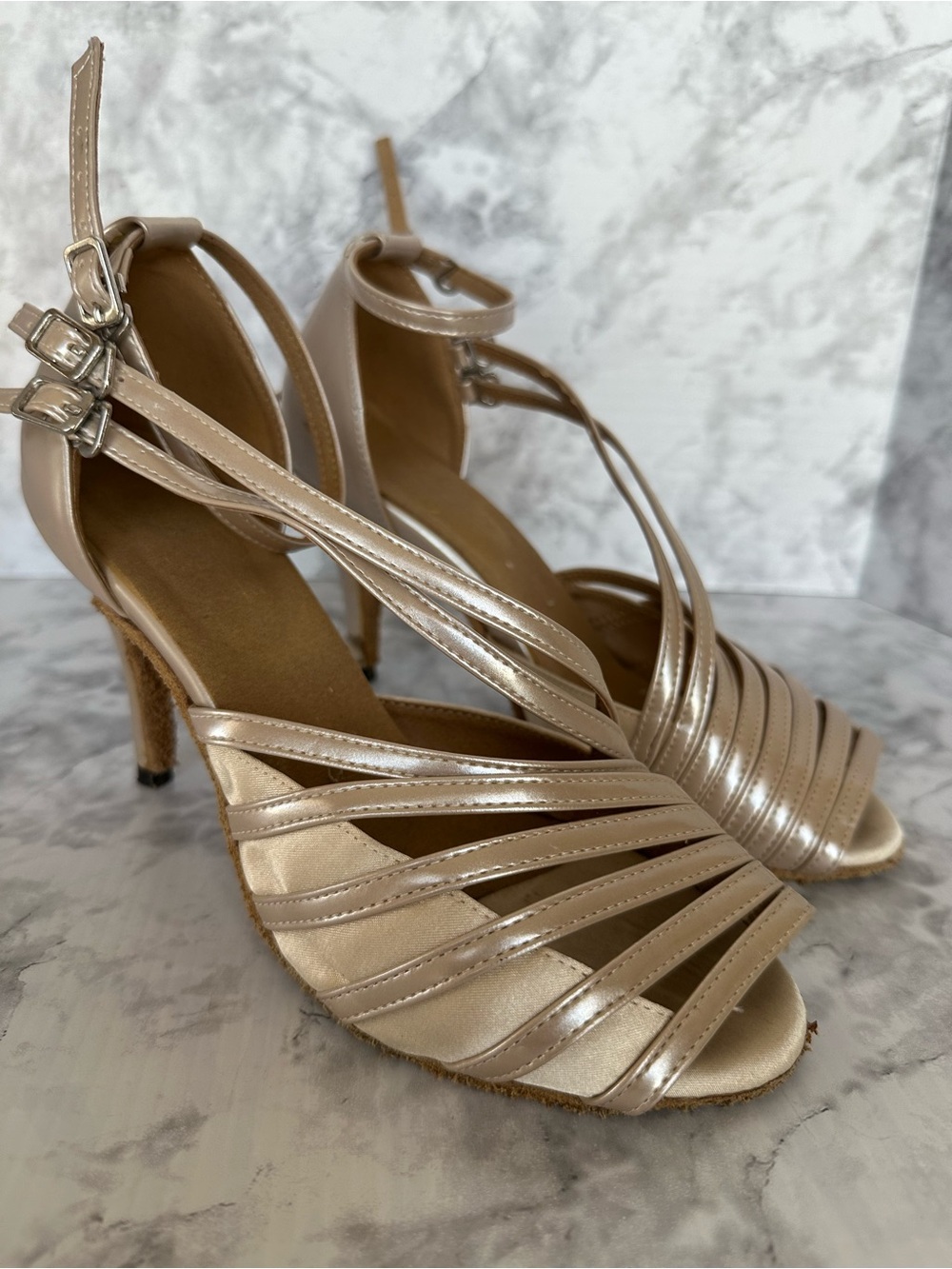 Unbranded Dancing shoes 7.5 Women’s Strappy Open-Toe Heels in Metallic Champagne